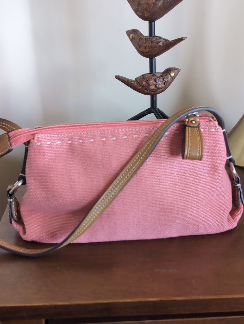 Pink 🩷 Fossil Canvas -Demi Baguette Bag With Leather Trim